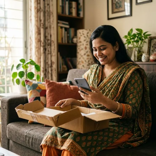পার্সেল হাতে নারী ফোনে Safe Pay অর্ডার দেখাচ্ছেন